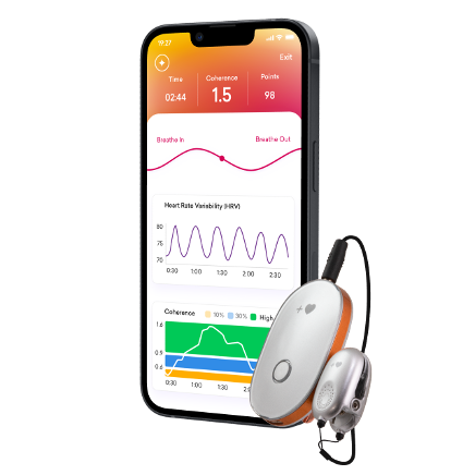 Inner Balance™ sensor koos kõrvaklambriga ja telefoniäpp, mis näitab koherentsuse taset, HRV graafikut ja hingamisrütmi.
