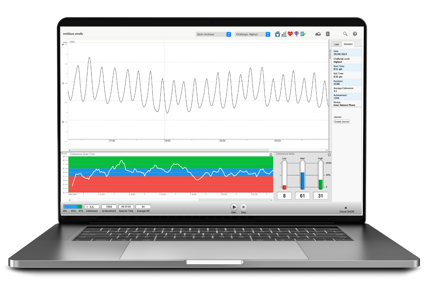 HeartMath Inner Balance äpp telefonis ja emWave Pro tarkvara sülearvutis — coachingu sessiooni vaade.