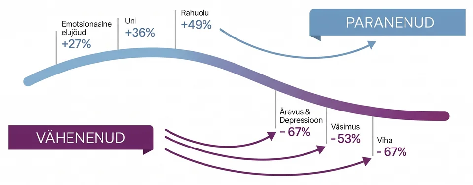 HeartMath uuring 14 000 inimesega: emotsionaalne elujõud +27%, uni +36%, rahuolu +49%; ärevus ja depressioon −67%, väsimus −53%, viha −67%.